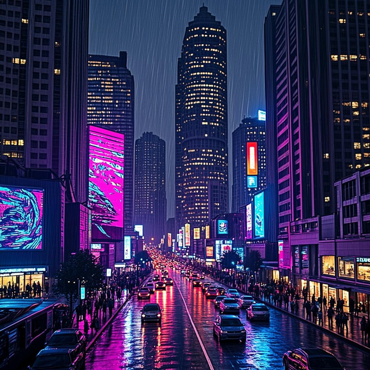 Cyberpunk city at night, neon lights, rain...