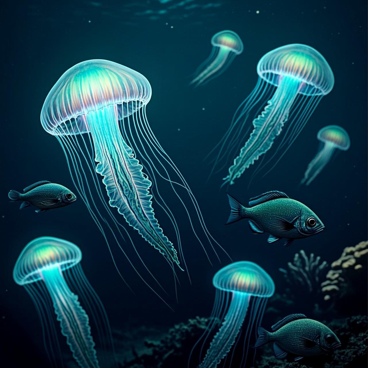 Bioluminescent deep sea creatures in the abyss, 3d-render style...