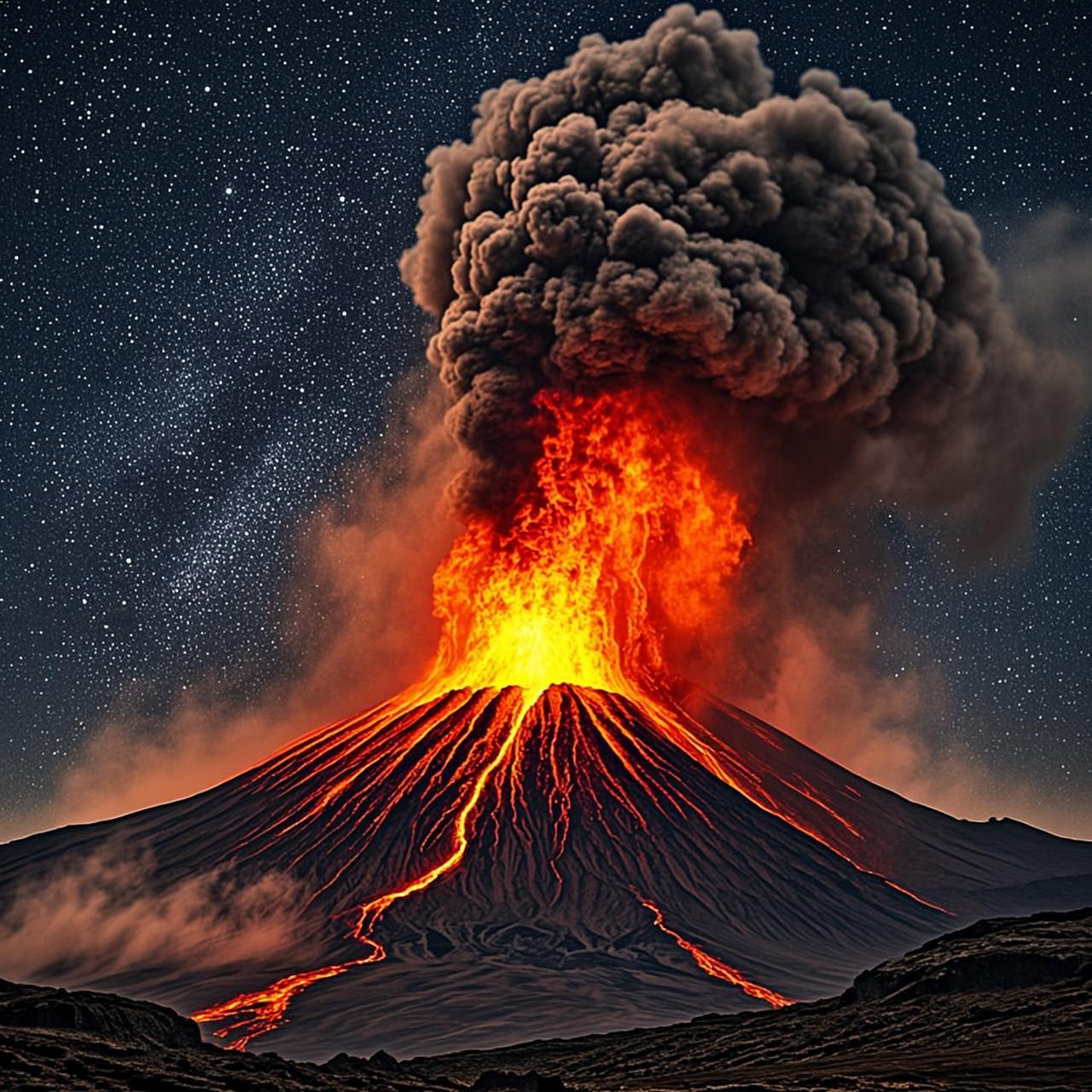 Volcanic eruption under a starry night sky...