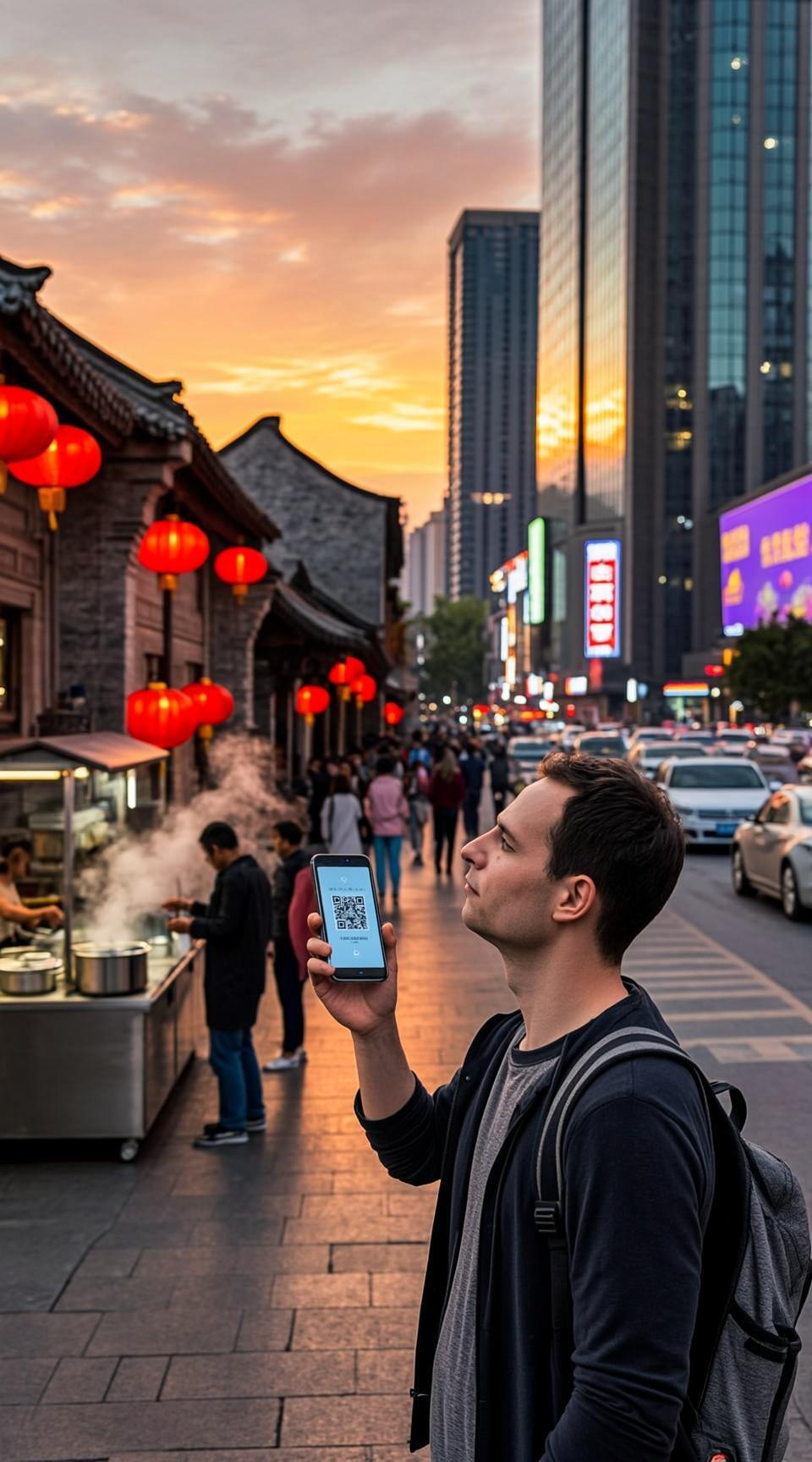 A cinematic shot of a backpacking European tourist standing at the intersection of old and...