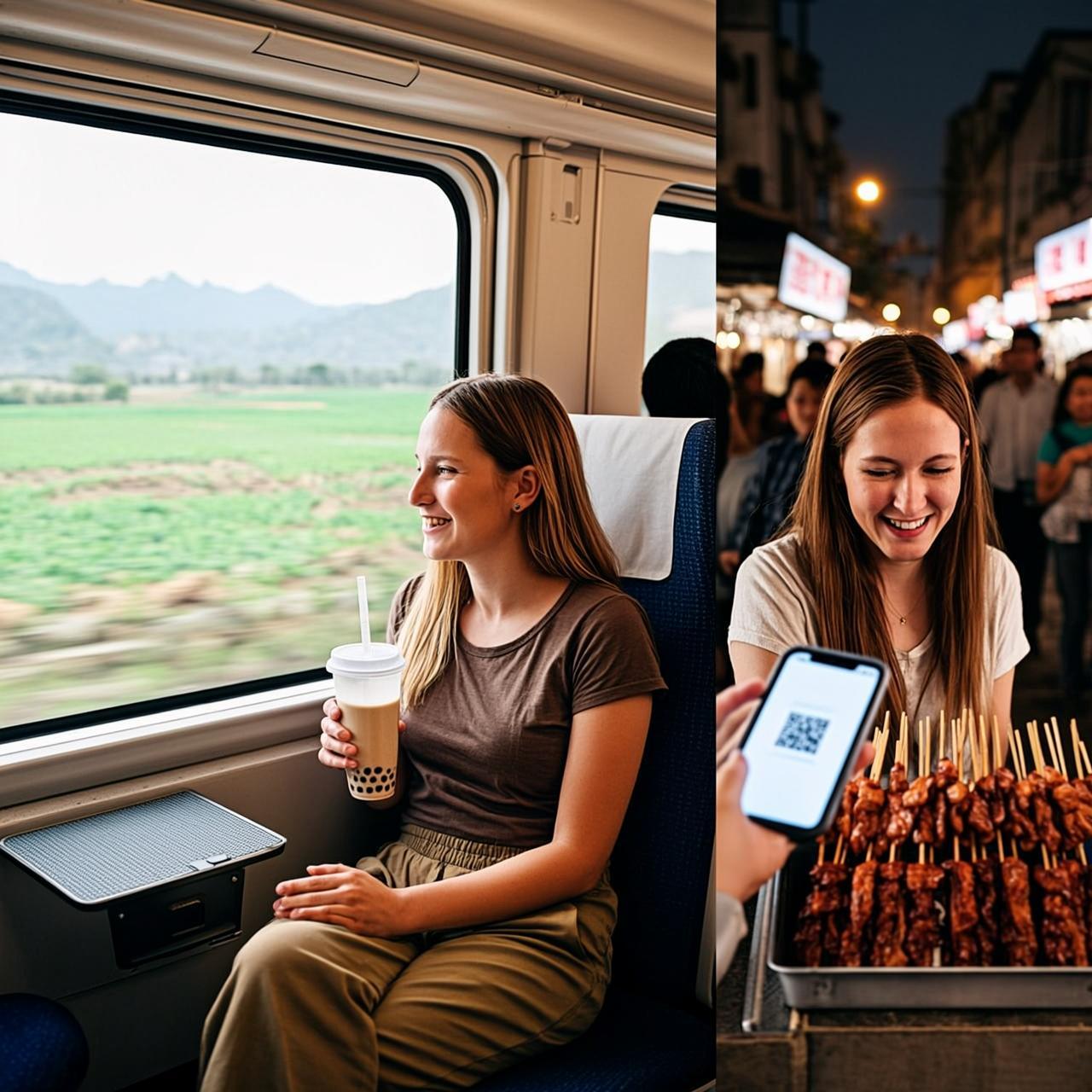 A vlog-style photo of a young foreign tourist experiencing a Chinese high-speed train. She is...