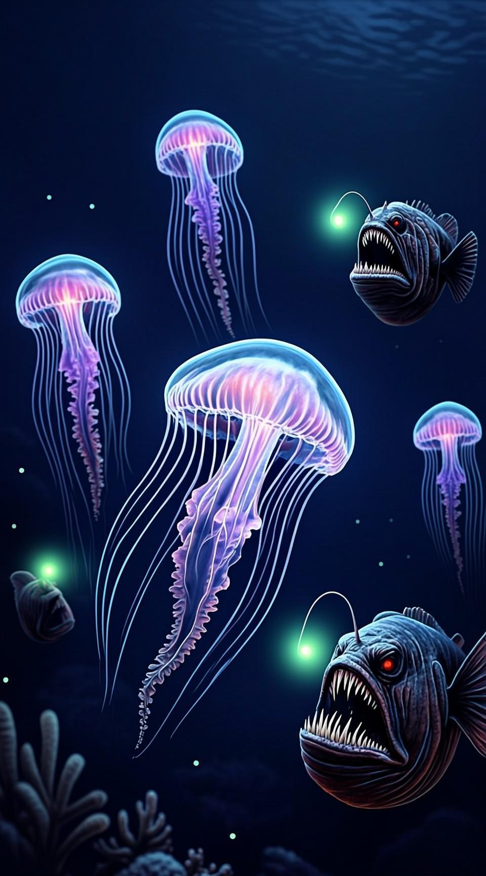 Bioluminescent deep sea creatures in the abyss...