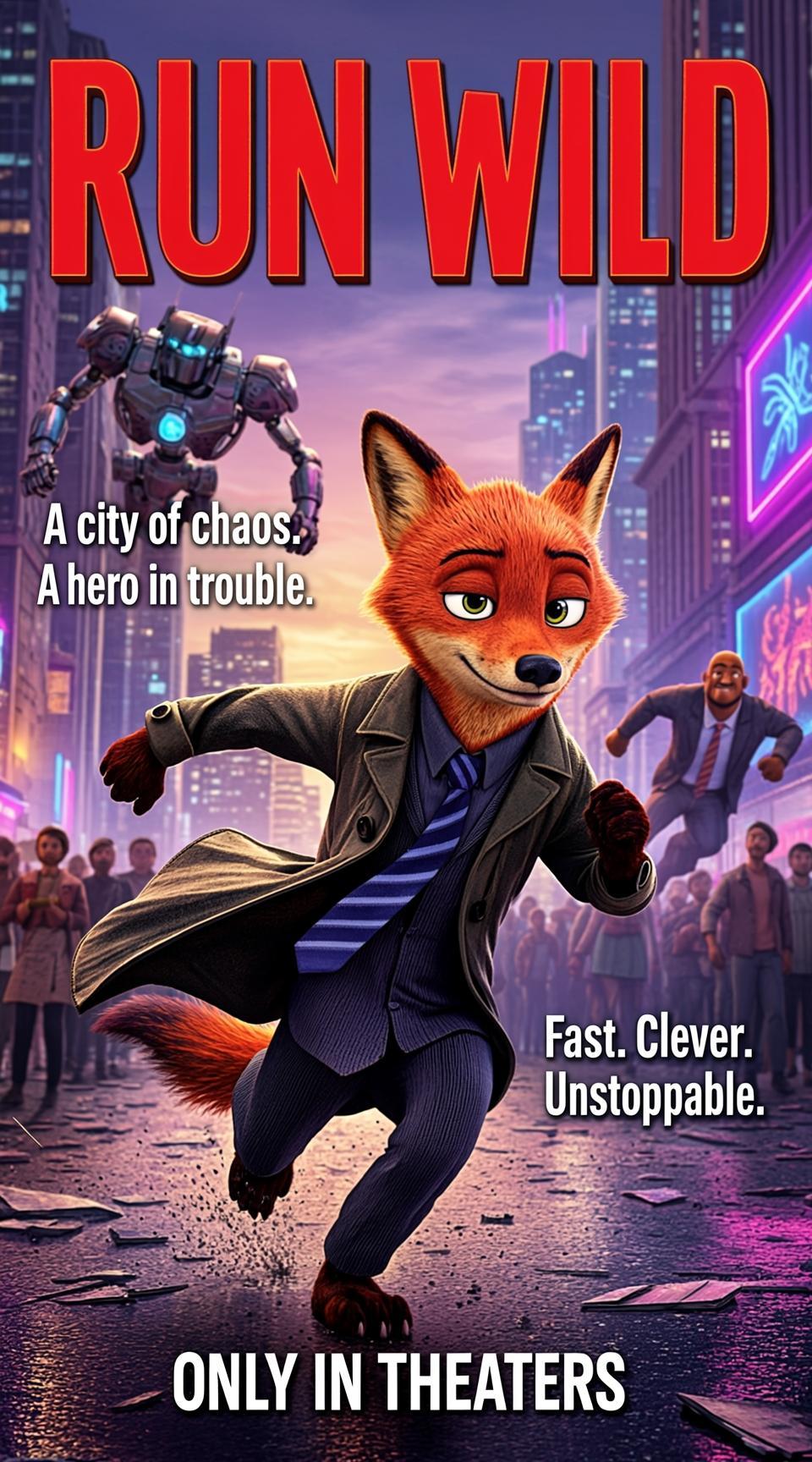 A dynamic Pixar-style poster, an anthropomorphic fox detective sprinting toward camera in a colorful futuristic...