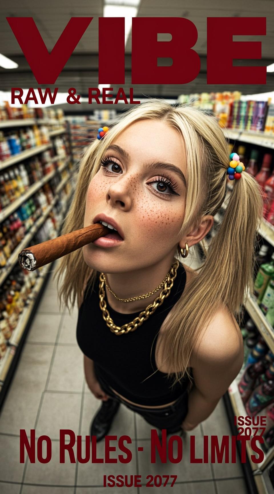 Ultra-detailed fashion editorial poster, gritty Y2K street style with cinematic realism. A young blonde female...